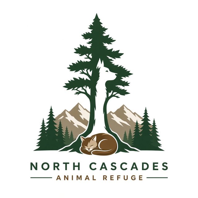 North Cascades Animal Refuge logo: a ponderosa pine shaped like a dog, with a cat curled at its roots below the North Cascades